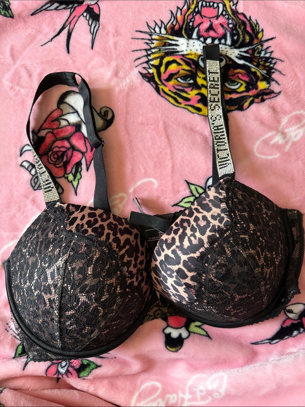 Victoria’s Secret Leopard Lace Push-Up Bra with Embellished Straps